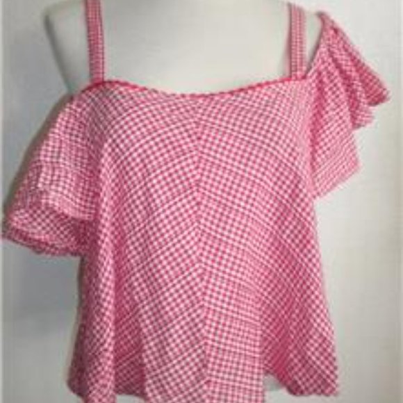 WALTER BAKER MS SIZES RED AND WHITE GINGHAM COLD SHOULDER CROP BLOUSE - Picture 4 of 7